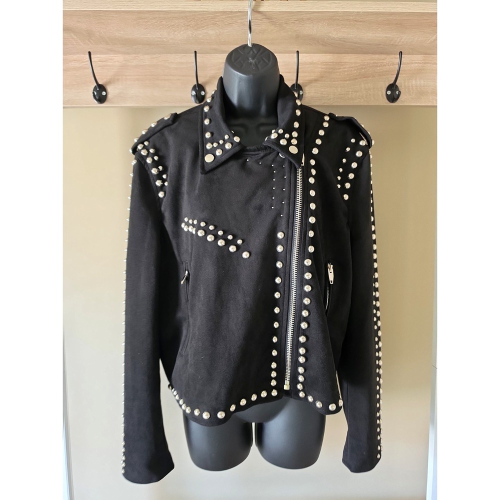 Buddy Love Black Studded Suede Moto Jacket – Women's Edgy Biker Style Size L - Picture 3 of 16